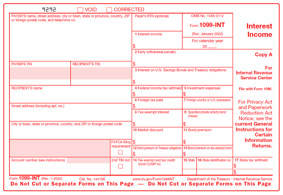 IRS Form 1099-INT Copy A red copy