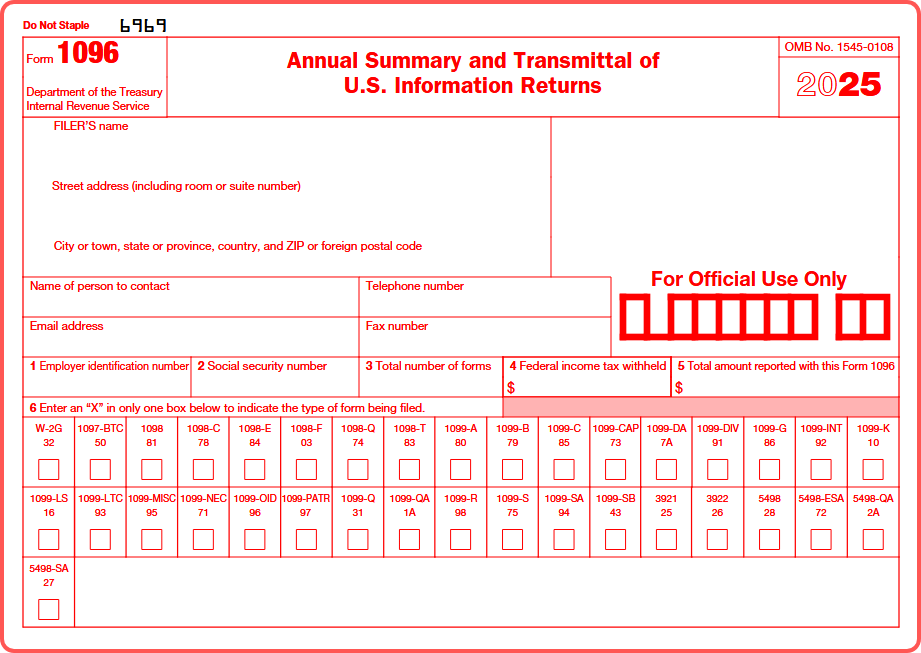 Image of Form 1096, Annual Summary and Transmittal of US Information Returns