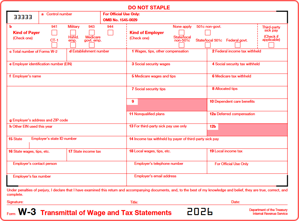 Form w3, Image of Form W-3, Transmittal of Wage and Tax Statements - TY 2026