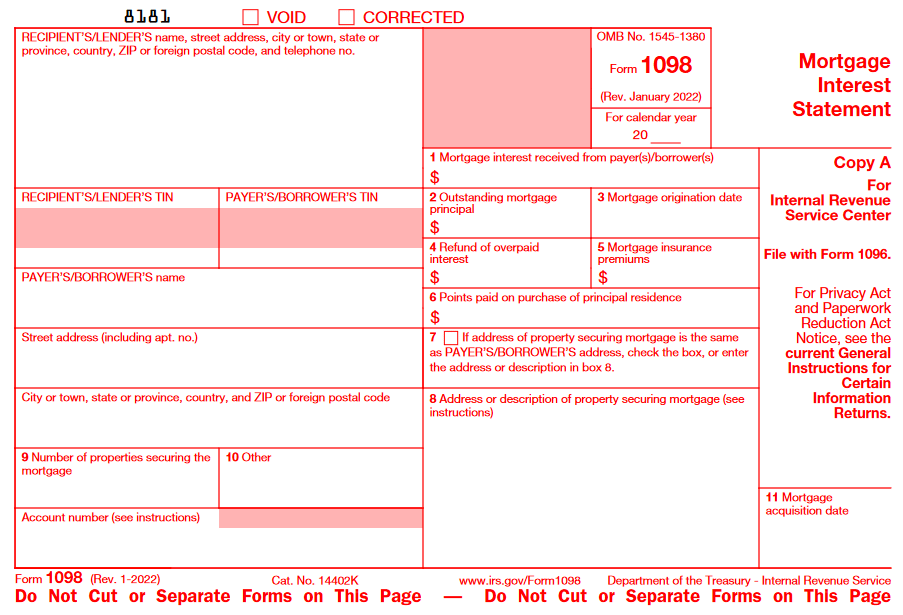 Screenshot of Form 1098, Rev Jan 2022