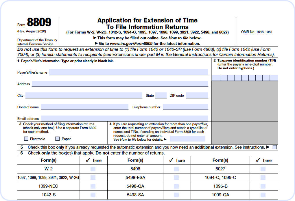 IRS Form 8809 Application for Extension of Time to File Information Returns