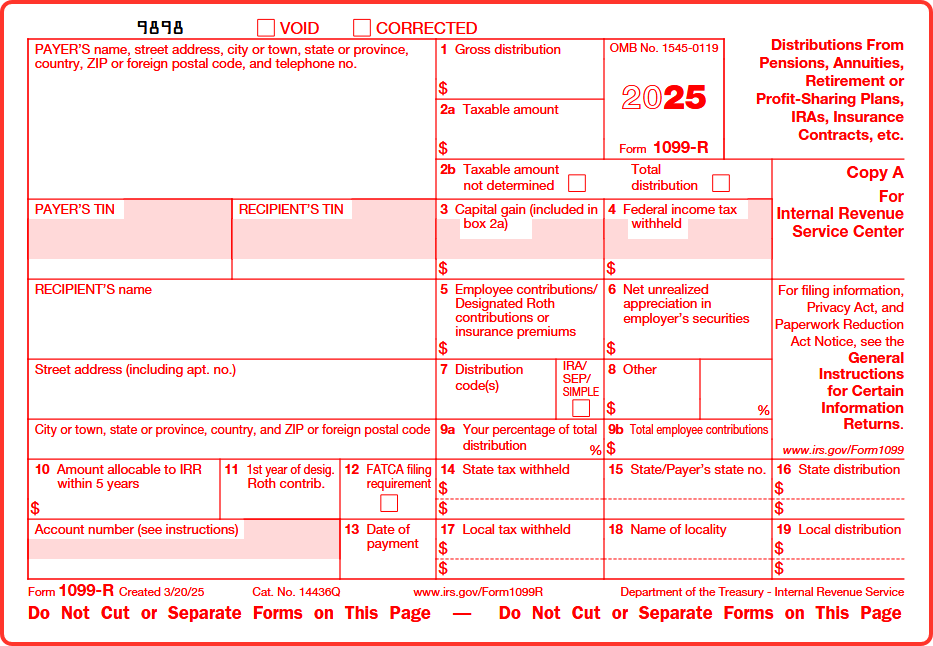 Image of Form 1099-R - Copy A, Tax Year 2025