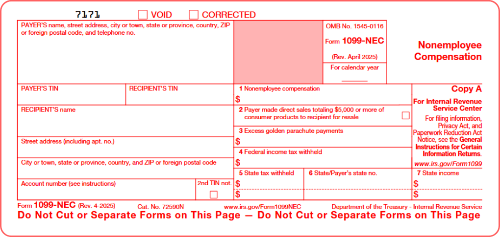Image of Form 1099-NEC, Copy A. April 2025 Rev