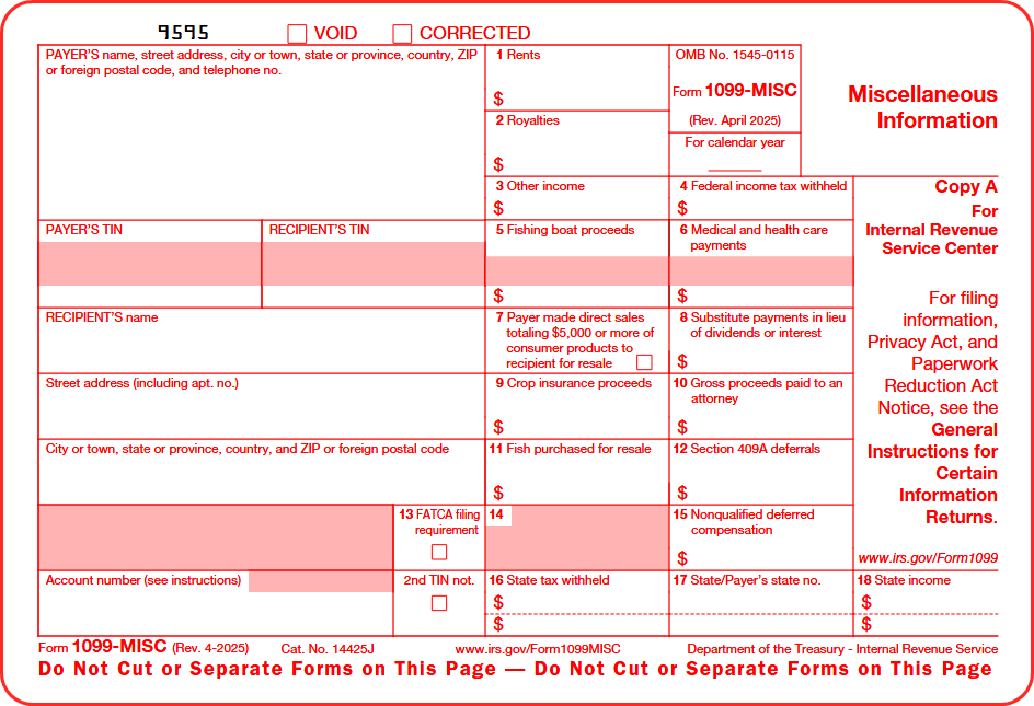 Image of Form 1099-MISC, Copy A - Rev. Apr. 2025